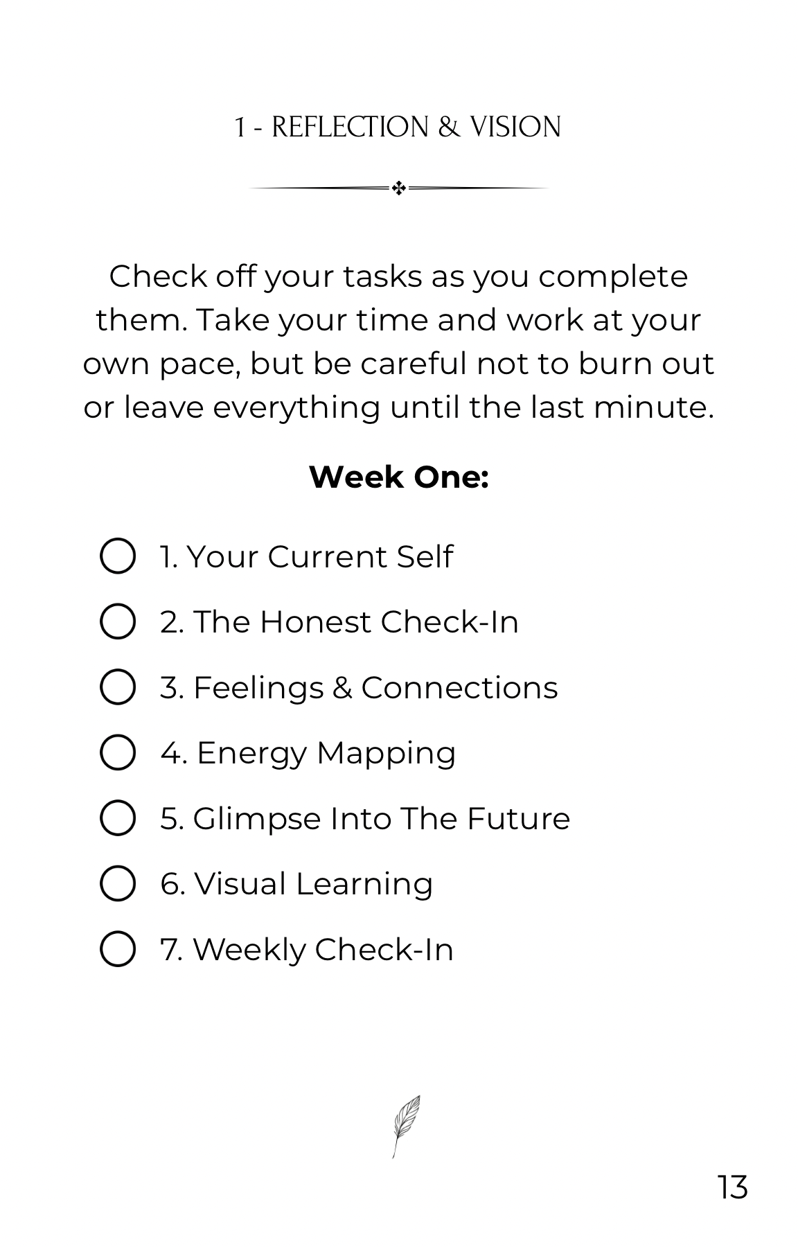 Weekly overview from The Guided Transformation journal – Week 1 focuses on self-awareness, energy mapping, and vision-setting. A structured and calming approach to rediscover your direction.