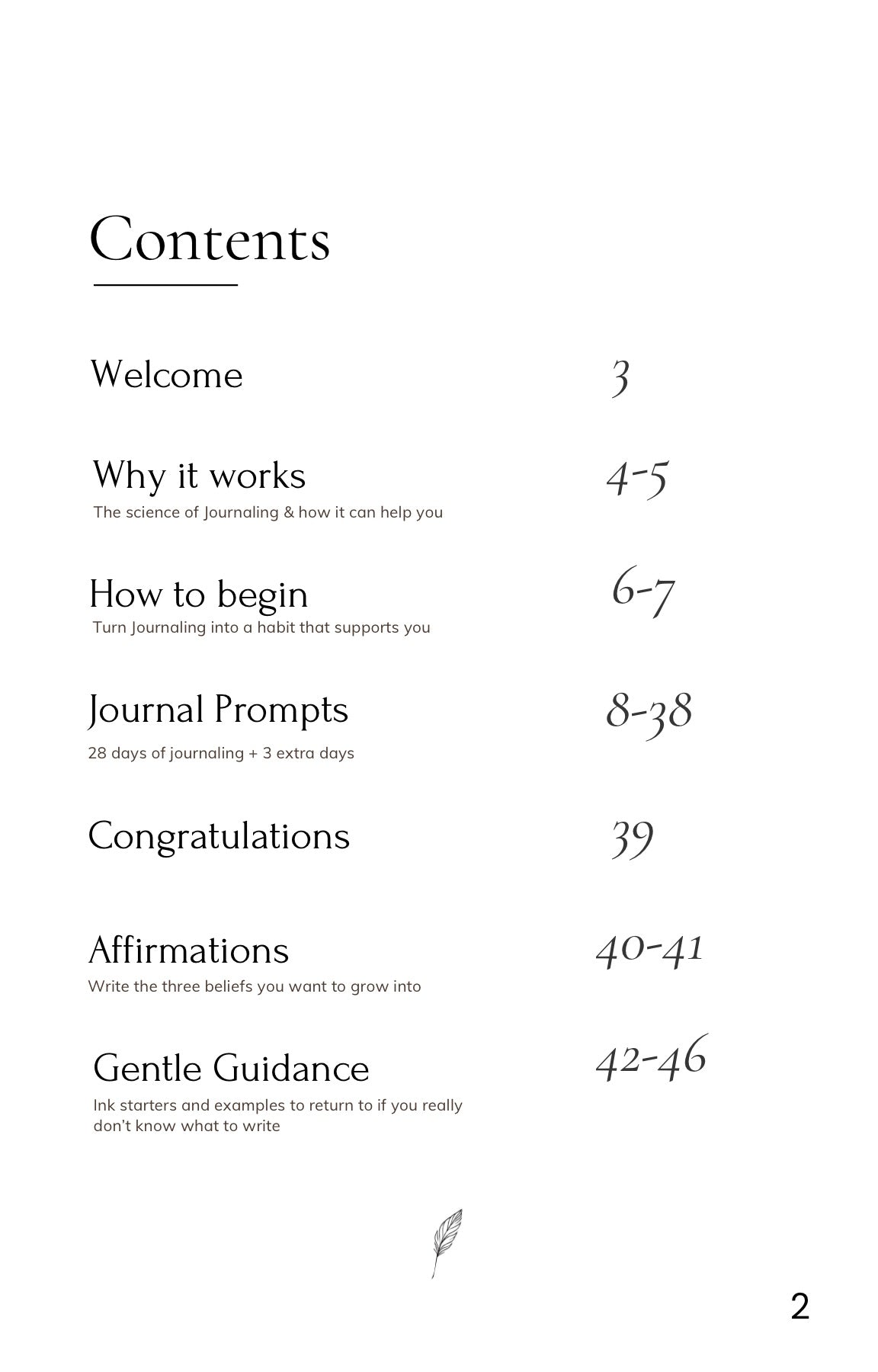 Inside The Quiet Reset journal – minimalist contents page outlining welcome message, journaling science, daily prompts, affirmations, and bonus guidance. A structured and soulful journaling journey.